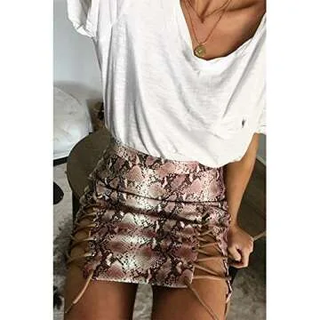 Meyeeka Women's Lace Up High Waist Bodycon Criss Cross Mini Skirts Snakeskin Khaki S