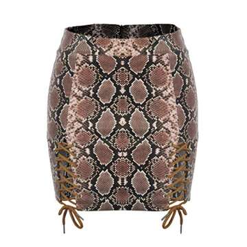 Meyeeka Women's Lace Up High Waist Bodycon Criss Cross Mini Skirts Snakeskin Khaki S