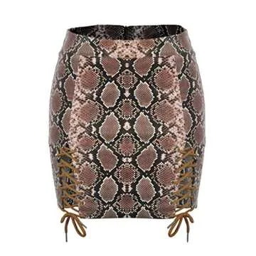 Meyeeka Women's Lace Up High Waist Bodycon Criss Cross Mini Skirts Snakeskin Khaki S