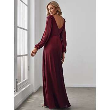 Ever-Pretty Women's Elegant Double V Neck Hollowed-Out Long Sleeves High Waist Split Chiffon Formal Dress Burgundy US12