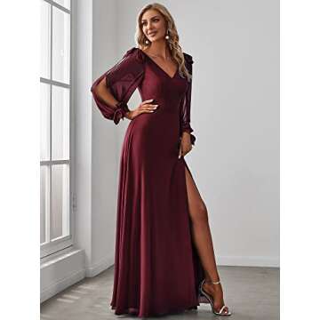 Ever-Pretty Women's Elegant Double V Neck Hollowed-Out Long Sleeves High Waist Split Chiffon Formal Dress Burgundy US12