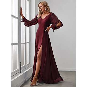 Ever-Pretty Women's Elegant Double V Neck Hollowed-Out Long Sleeves High Waist Split Chiffon Formal Dress Burgundy US12