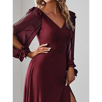 Ever-Pretty Women's Elegant Double V Neck Hollowed-Out Long Sleeves High Waist Split Chiffon Formal Dress Burgundy US12