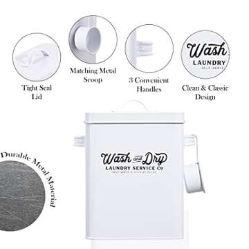 LAKHA Laundry Powder Storage Container | Detergent Powder Storage Tin Containers | 1.6 Gallons Laundry Box | 9" High | White Vintage Farmhouse Decor for Laundry Room