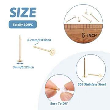 Craftdady 100pcs Stainless Steel Earrings Posts Flat Round Blank Pad Golden Earring Pin Studs Fit 3mm Rhinestone Earring Jewelry Making