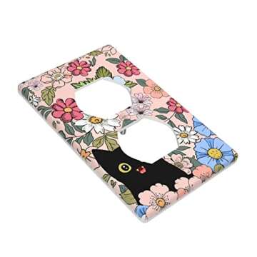 Black Cat in Spring Flower Duplex Outlet Covers Light Switch Plate Girls Floral Decorative Wall Plat...