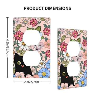 Black Cat in Spring Flower Duplex Outlet Covers Light Switch Plate Girls Floral Decorative Wall Plate for Farmhouse Home Bathroom Kitchen Decor 2.76 x 4.5 Inch