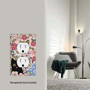 Black Cat in Spring Flower Duplex Outlet Covers Light Switch Plate Girls Floral Decorative Wall Plate for Farmhouse Home Bathroom Kitchen Decor 2.76 x 4.5 Inch