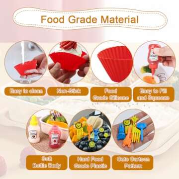 Abnaok 61PCS Silicone Lunch Box Dividers Bento Box Accessories Silicone Cupcake Liners, Lunch Box Accessories Including Food Picks Mini Condiment Bottles for Lunch Containers Accessories