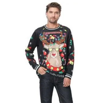 Colorful House Women Men Ugly Christmas Jumper Sweater, 3D Digital Print Sweatshirt(Reindeer,X-Large)