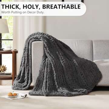 L'AGRATY Chunky Knit Blanket Throw - Soft Chunky Throw Blanket 30x40: 100% Hand Kintted Chenile Crochet Throw Blanket for Couch - Large Cable Knit Chunky Blanket for Home Decor(Dark Grey)