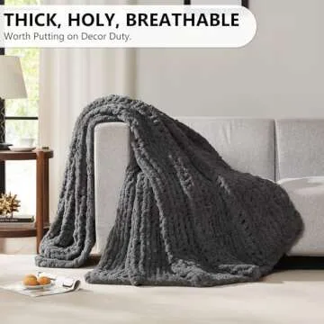 L'AGRATY Chunky Knit Blanket Throw - Soft Chunky Throw Blanket 30x40: 100% Hand Kintted Chenile Crochet Throw Blanket for Couch - Large Cable Knit Chunky Blanket for Home Decor(Dark Grey)