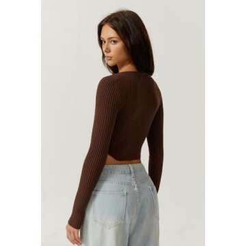 QINSEN Women's Long Sleeve Square Neck Crop Top Ribbed Slim Fitted Casual T-Shirt Tops Cinnamon XS