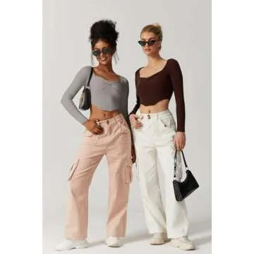 QINSEN Women's Long Sleeve Square Neck Crop Top Ribbed Slim Fitted Casual T-Shirt Tops Cinnamon XS