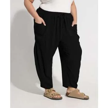 CARCOS Plus Size Harem Pants Womens 5X Summer Black Palazzo Pants Drawstring Wide Leg Lantern Beach ...