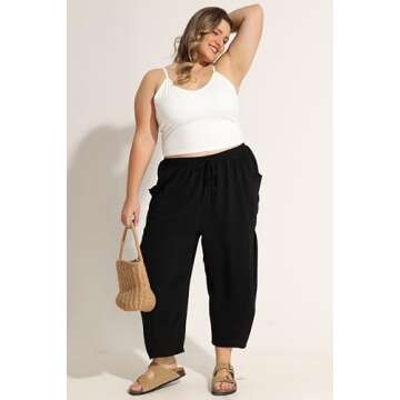 CARCOS Plus Size Harem Pants Womens 5X Summer Black Palazzo Pants Drawstring Wide Leg Lantern Beach Pants with Pockets Baggy Ankle Trousers Loose Fit Vacation Outfits Lounge Pant 5XL 26W 28W