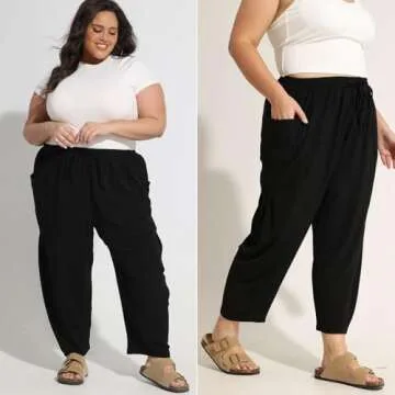 CARCOS Plus Size Harem Pants Womens 5X Summer Black Palazzo Pants Drawstring Wide Leg Lantern Beach Pants with Pockets Baggy Ankle Trousers Loose Fit Vacation Outfits Lounge Pant 5XL 26W 28W