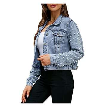 SCOFEEL Pearls Cropped Jean Jacket for Women Regular Fit Embroidered Denim Jacket Coat Light Blue, Small