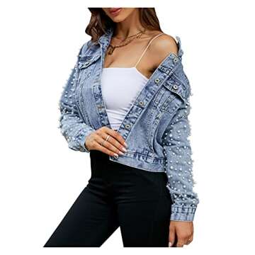 SCOFEEL Pearls Cropped Jean Jacket for Women Regular Fit Embroidered Denim Jacket Coat Light Blue, Small