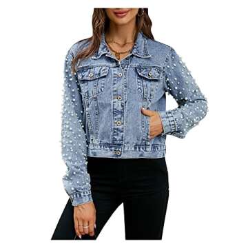 SCOFEEL Pearls Cropped Jean Jacket for Women Regular Fit Embroidered Denim Jacket Coat Light Blue, Small