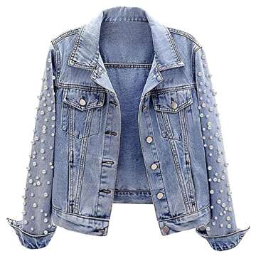 SCOFEEL Pearls Cropped Jean Jacket for Women Regular Fit Embroidered Denim Jacket Coat Light Blue, Small