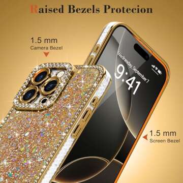 Lafunda for iPhone 16 Pro Max Case Glitter, Luxury Shiny Bling Sparkly Bumper Cover with Crystal Diamonds for Women Girls Soft Slim Shockproof Protective Phone Case for iPhone 16 Pro Max 6.9", Gold