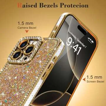 Lafunda for iPhone 16 Pro Max Case Glitter, Luxury Shiny Bling Sparkly Bumper Cover with Crystal Diamonds for Women Girls Soft Slim Shockproof Protective Phone Case for iPhone 16 Pro Max 6.9", Gold