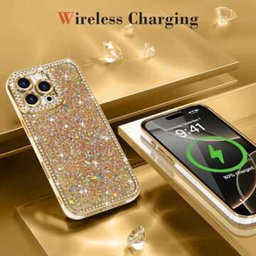 Lafunda for iPhone 16 Pro Max Case Glitter, Luxury Shiny Bling Sparkly Bumper Cover with Crystal Diamonds for Women Girls Soft Slim Shockproof Protective Phone Case for iPhone 16 Pro Max 6.9", Gold