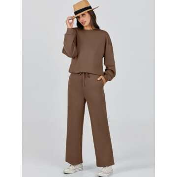 Caracilia Women's 2 Piece Outfits Sweatsuit Fall Crewneck Sweatshirts Wide Leg Pants Lounge Matching Sweat Sets Tracksuit Brown XX-Large