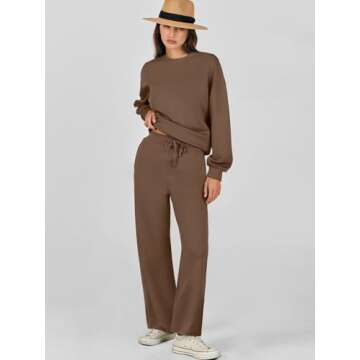 Caracilia Women's 2 Piece Outfits Sweatsuit Fall Crewneck Sweatshirts Wide Leg Pants Lounge Matching Sweat Sets Tracksuit Brown XX-Large