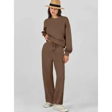 Caracilia Women's 2 Piece Outfits Sweatsuit Fall Crewneck Sweatshirts Wide Leg Pants Lounge Matching Sweat Sets Tracksuit Brown XX-Large