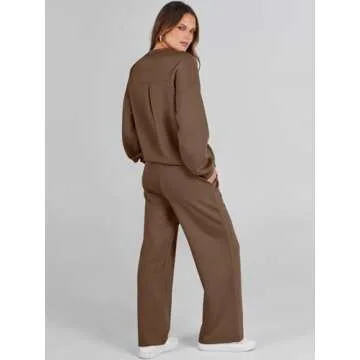 Caracilia Women's 2 Piece Outfits Sweatsuit Fall Crewneck Sweatshirts Wide Leg Pants Lounge Matching Sweat Sets Tracksuit Brown XX-Large