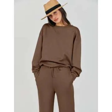 Caracilia Women's 2 Piece Outfits Sweatsuit Fall Crewneck Sweatshirts Wide Leg Pants Lounge Matching Sweat Sets Tracksuit Brown XX-Large