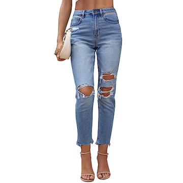 OFLUCK Women's High Rise Wedge Jeans - Trendy Boyfriend Ripped Denim