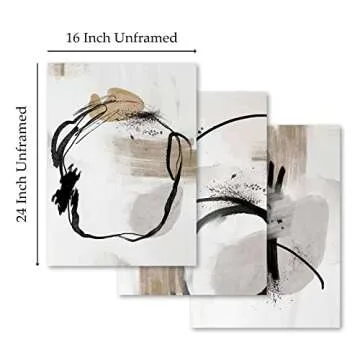 Black Beige Grey Wall Art Abstract Geometric Artwork Minimalist Boho Pictures Black ink Lines Canvas...