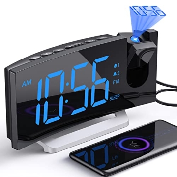 Projection Alarm Clock with FM Radio, USB Charging Port, 0-100% Dimmer, Dual Alarms, HD LED Display,...