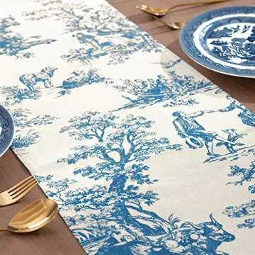 Toile Blue Table Runners 72 Inches Long for Coffee Kitchen Dining Room Table,French Country Grand Millennial Chinoiserie Decor Floral Print Design Short Tablecloth,Light Blue and Cream White