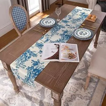 Toile Blue Table Runners 72 Inches Long for Coffee Kitchen Dining Room Table,French Country Grand Millennial Chinoiserie Decor Floral Print Design Short Tablecloth,Light Blue and Cream White