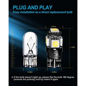 Yorkim 194 LED Bulbs White 6000k Super Bright 5th Generation, T10, 168 LED Bulb for Car Interior Dome Map Door Courtesy License Plate Lights W5W 2825, Pack of 10