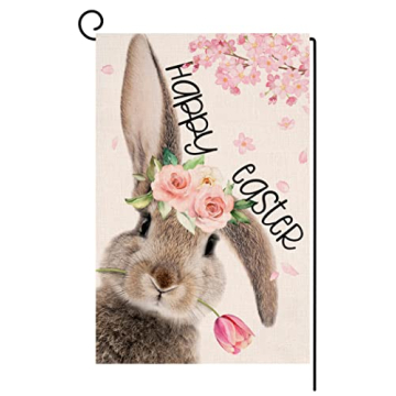 Easter Bunny Garden Flag 12x18 Vertical Double Sided Gray Rabbit Spring Floral Tulip Farmhouse Holid...