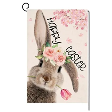 Easter Bunny Garden Flag 12x18 Double Sided Gray Rabbit Spring Tulip Farmhouse