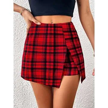 MakeMeChic Women's Plaid Print Zipper Fly Split Hem High Waist Skort Skirt Red M