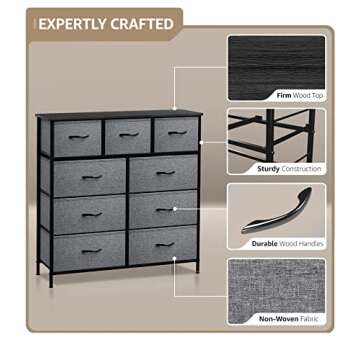 Sorbus Dresser with 9 Drawers - Furniture Storage Chest Tower Unit for Bedroom, Hallway, Closet, Office Organization - Steel Frame, Wood Top, Easy Pull Fabric Bins (9 Drawers, Black)