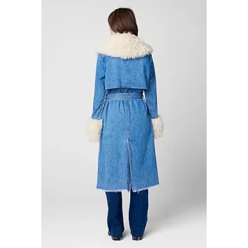 BLANKNYC Women's Denim Trench Coat Mongolian Fur Boho