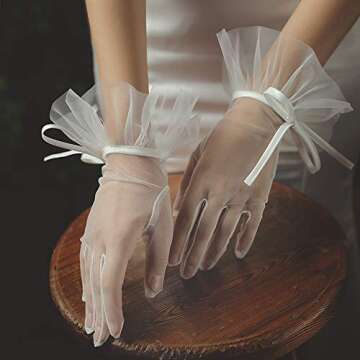 QRBTSCL Women's Tulle Ruffled Bowknot Wedding Party Gloves Short Prom Evening Gloves Ivory-New