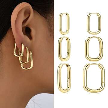 Erpels 3Pairs Square Hoop Earrings Set, 14K Gold Plated Lightweight Chunky Hoop Earrings, Rectangle Earring for Women Gift