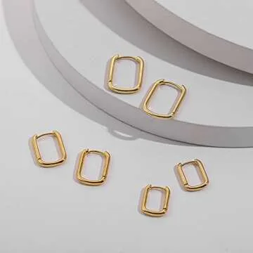 Erpels 3Pairs Square Hoop Earrings Set, 14K Gold Plated Lightweight Chunky Hoop Earrings, Rectangle Earring for Women Gift