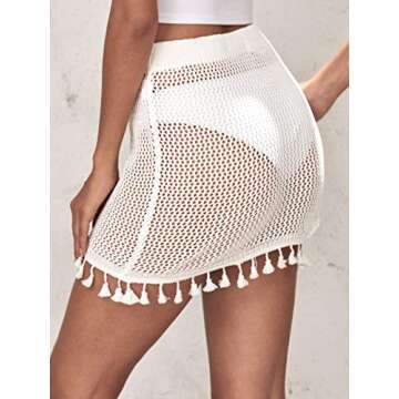 MakeMeChic Women's Crochet Cover Up Skirt Tassel Knitted Mini Beach Cover Up White S