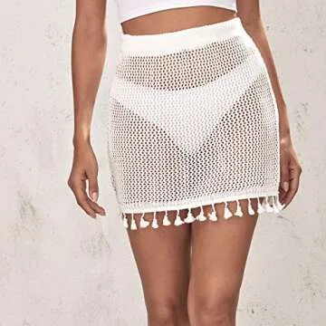 MakeMeChic Women's Crochet Cover Up Skirt Tassel Knitted Mini Beach Cover Up White S