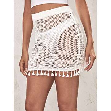 MakeMeChic Women's Crochet Cover Up Skirt Tassel Knitted Mini Beach Cover Up White S